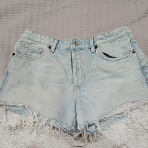 Zara Light Blue Distressed Denim Shorts with Frayed Hem